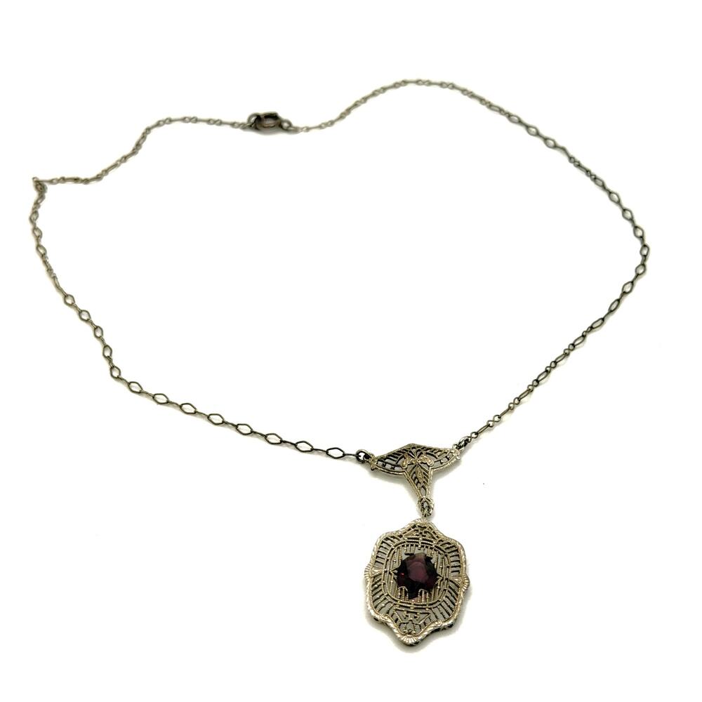 Vintage 20s Art Deco Purple Amethyst Filigree Silver Tone Lavalier Necklace